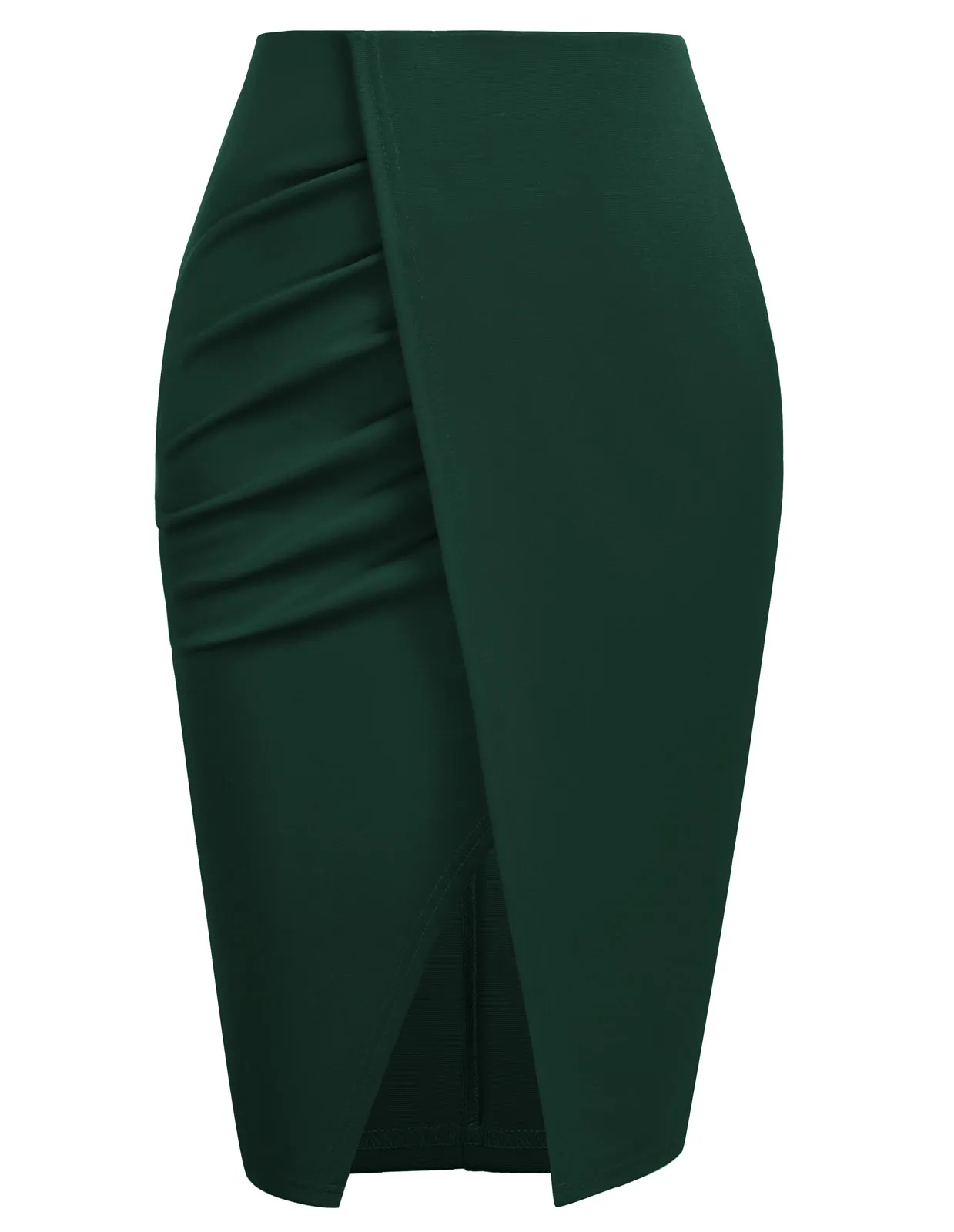 Women High Waisted Warp Ruched Pencil Skirt Elegant Split Slit Hem Bodycon Midi Skirt Wear to Work