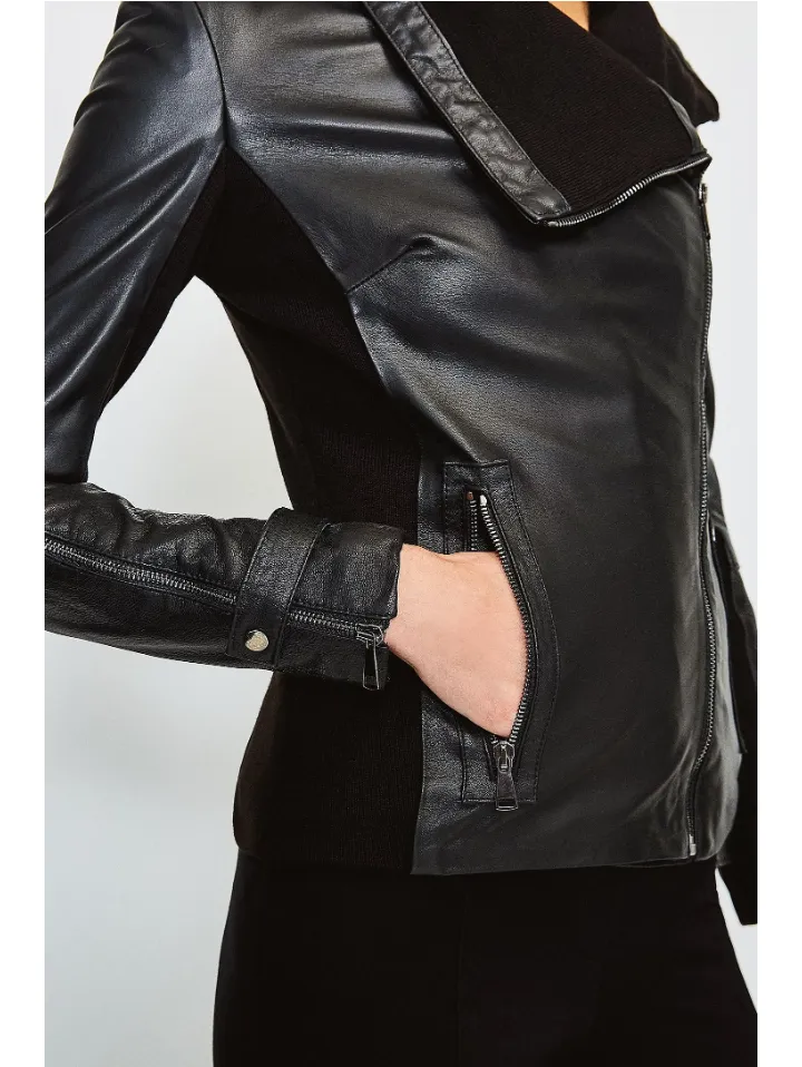 Women’s Black Leather Biker Jacket Cotton Side Panels