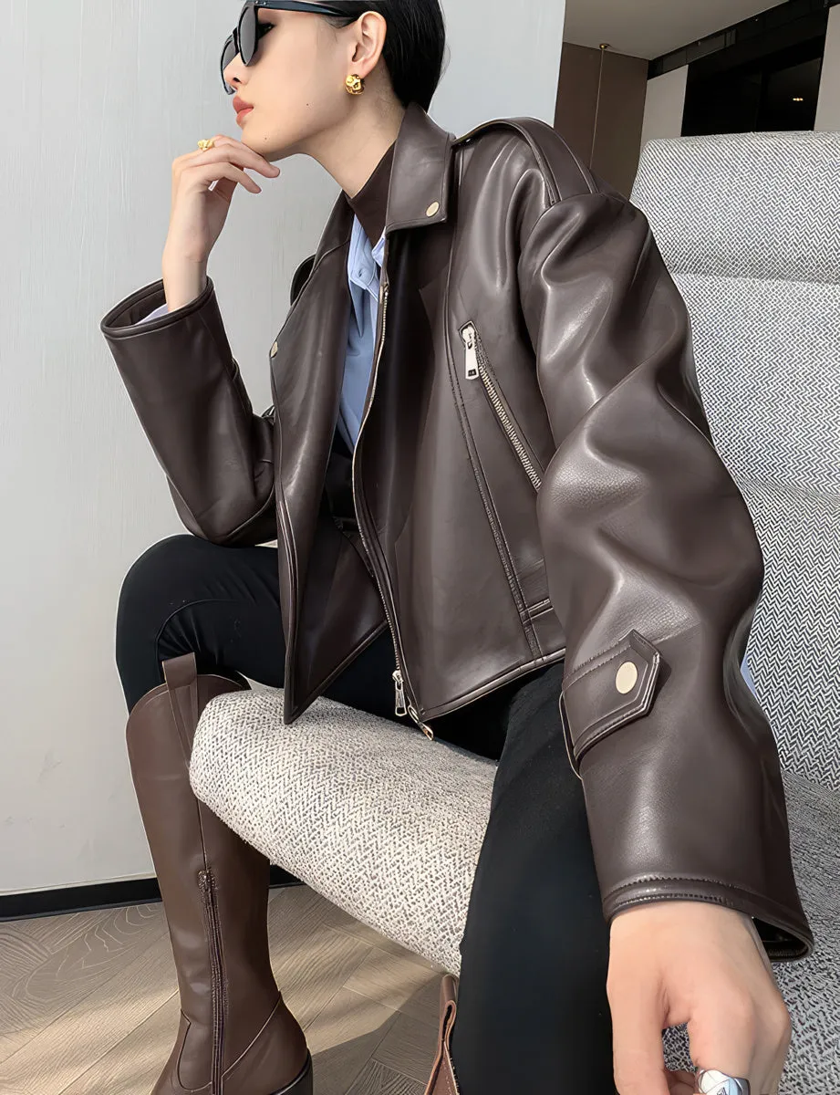 Women’s Brown Biker Genuine Sheepskin Lapel Collar Classic Korean Style Fashion Outfit Short Oversized Real Leather Jacket