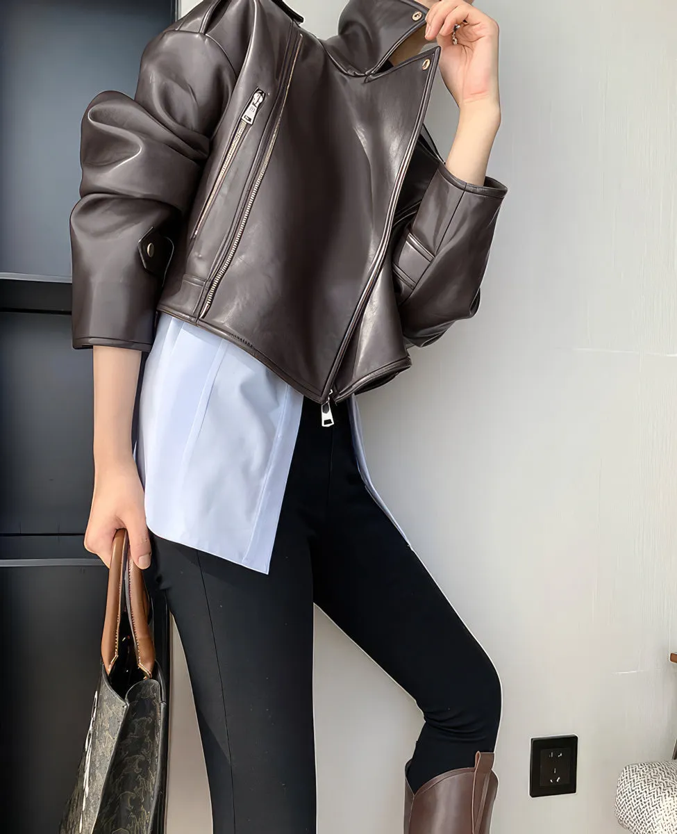 Women’s Brown Biker Genuine Sheepskin Lapel Collar Classic Korean Style Fashion Outfit Short Oversized Real Leather Jacket