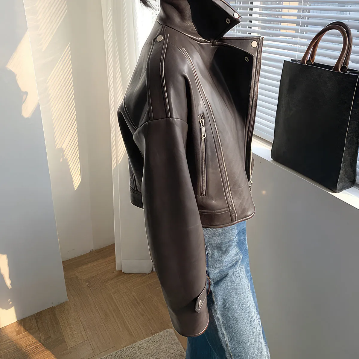 Women’s Brown Biker Genuine Sheepskin Lapel Collar Classic Korean Style Fashion Outfit Short Oversized Real Leather Jacket