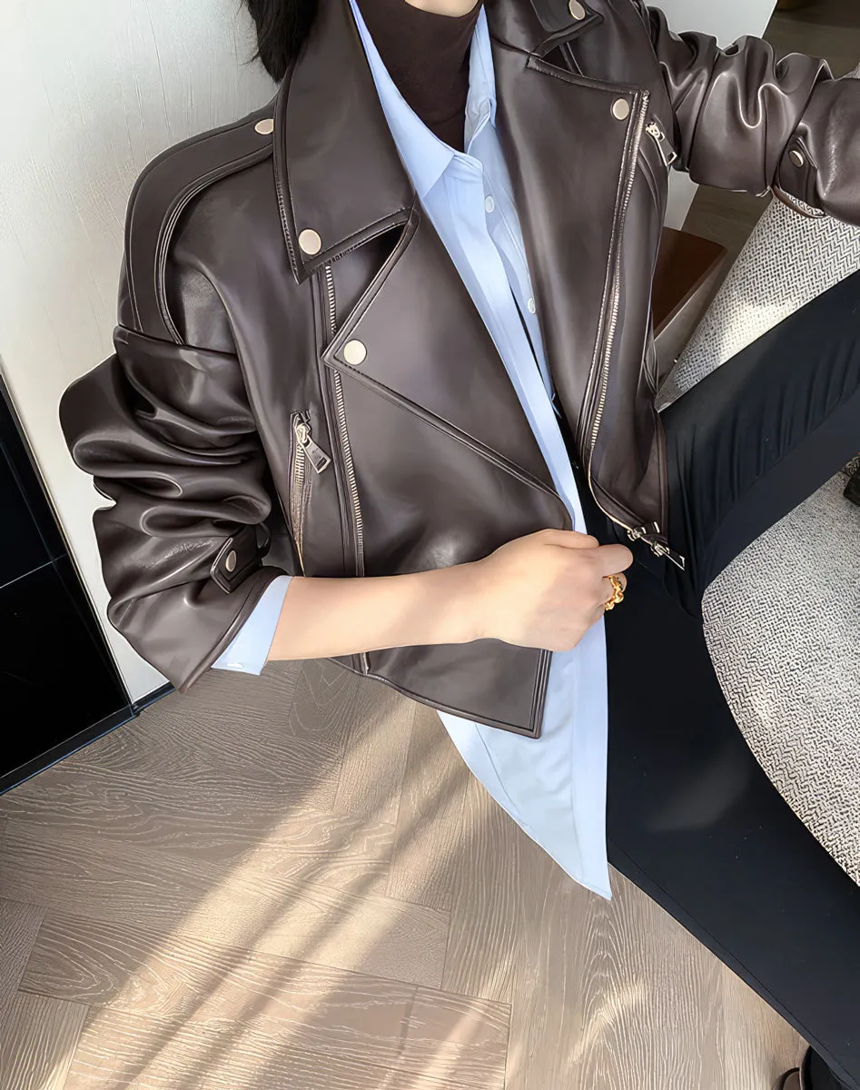 Women’s Brown Biker Genuine Sheepskin Lapel Collar Classic Korean Style Fashion Outfit Short Oversized Real Leather Jacket