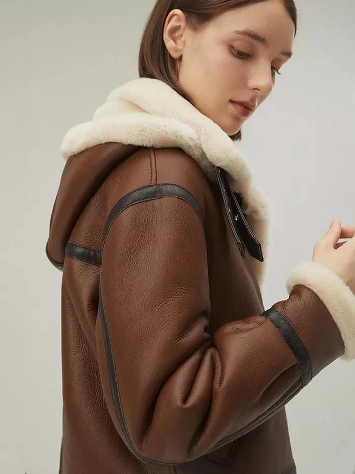 Women’s Chocolate Brown Leather Shearling Jacket With Removable Hood