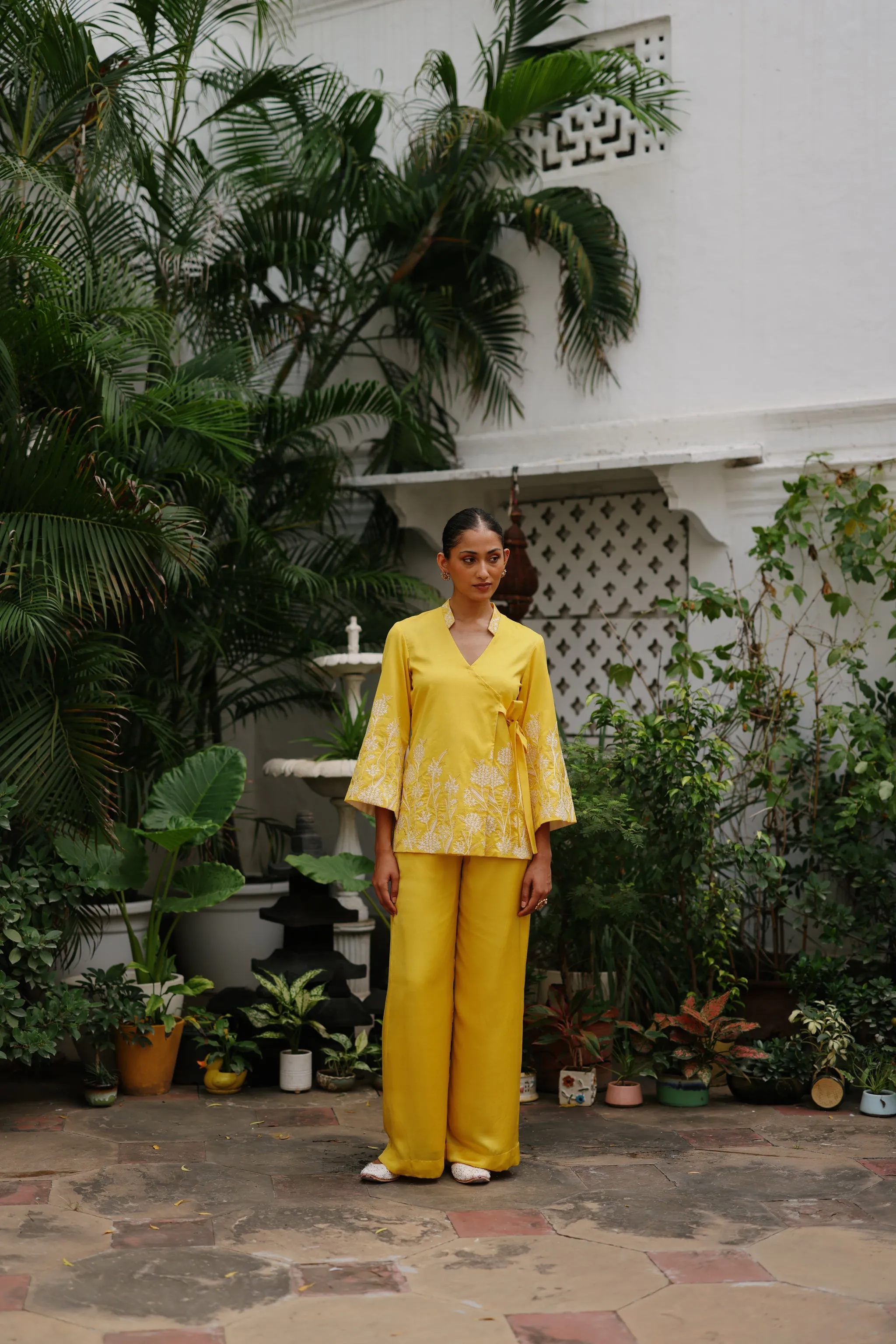 Yellow Angrakha Top with Wide Pants