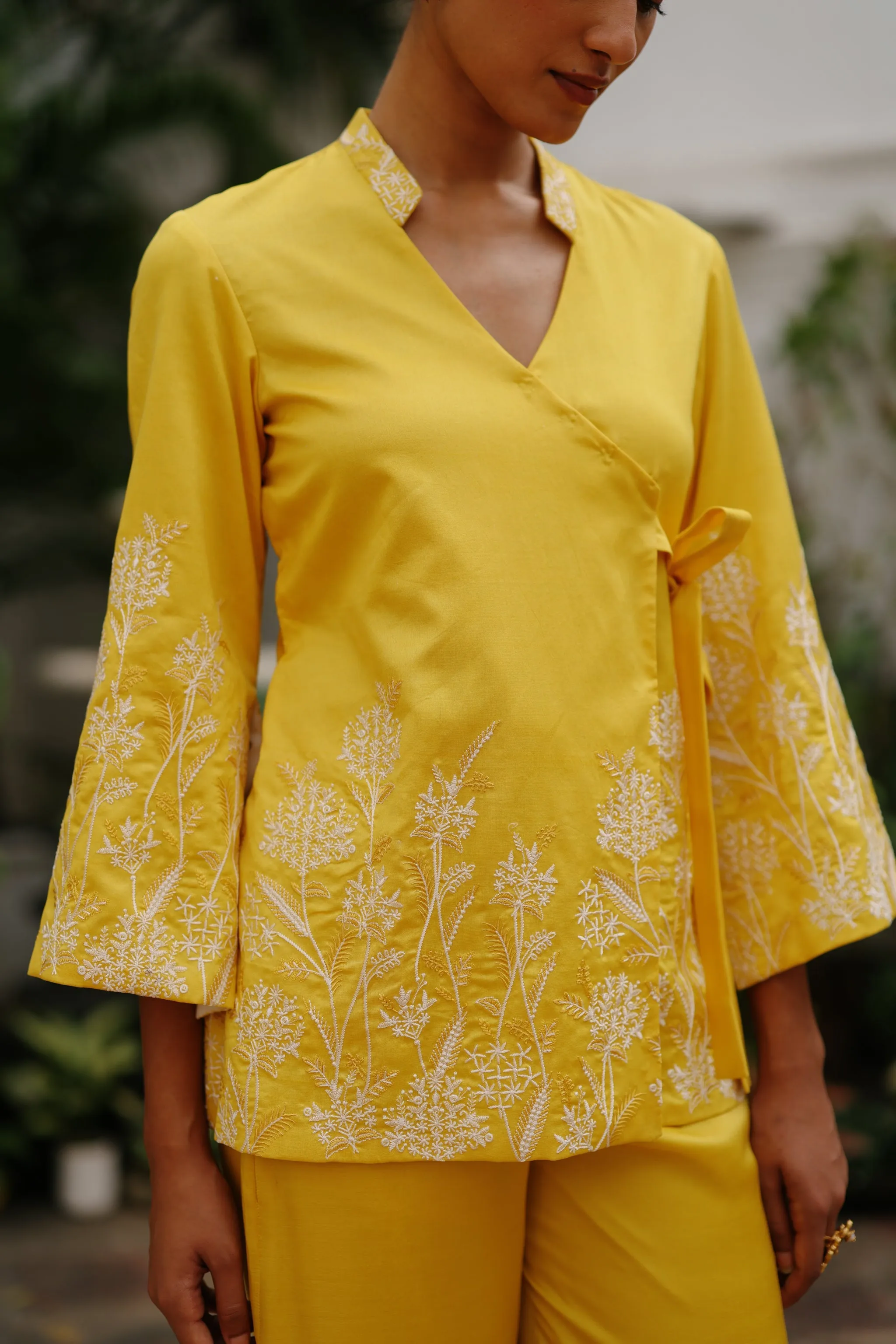 Yellow Angrakha Top with Wide Pants